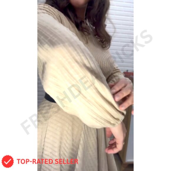 Long Sleeve Knit Dress Lantern Sleeve Crewneck Ruffle Flare A-Line Mini - Picture 6 of 7